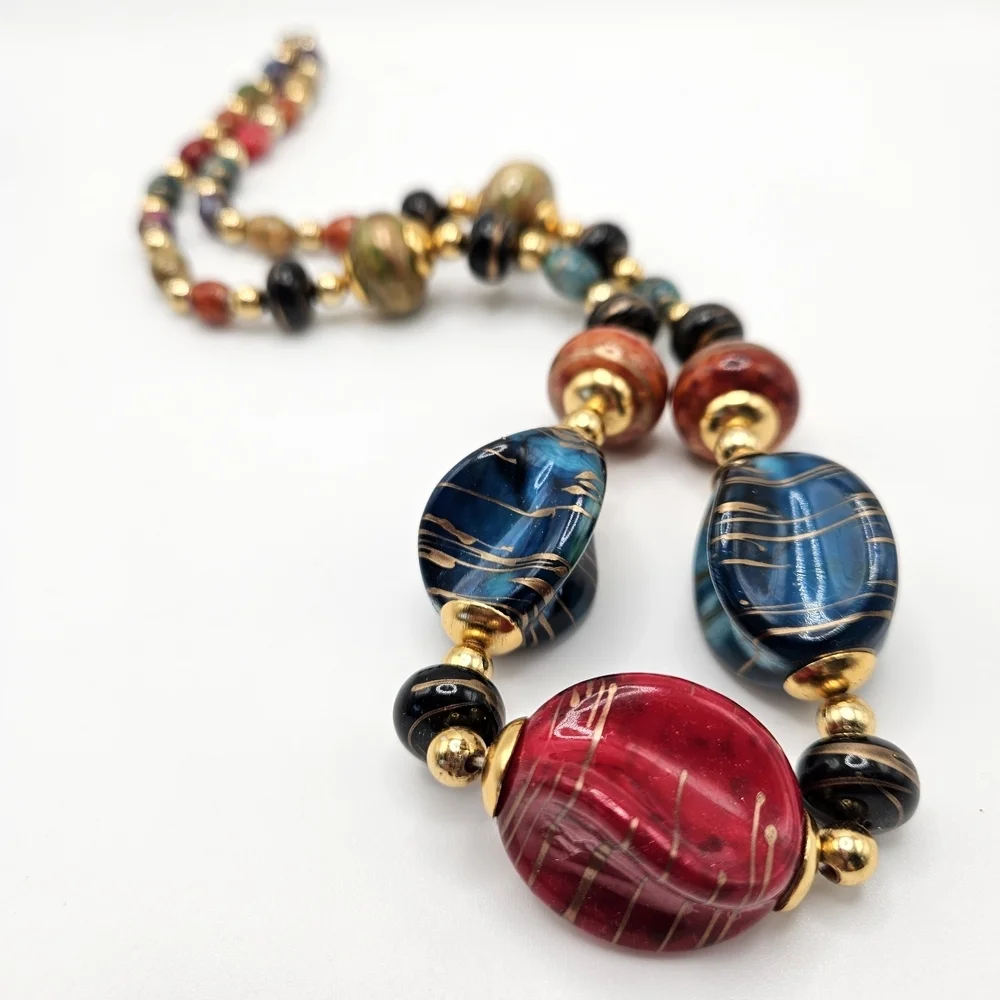 VINTAGE Chunky Gold Swirl Multicolor Resin Beaded Strand Necklace